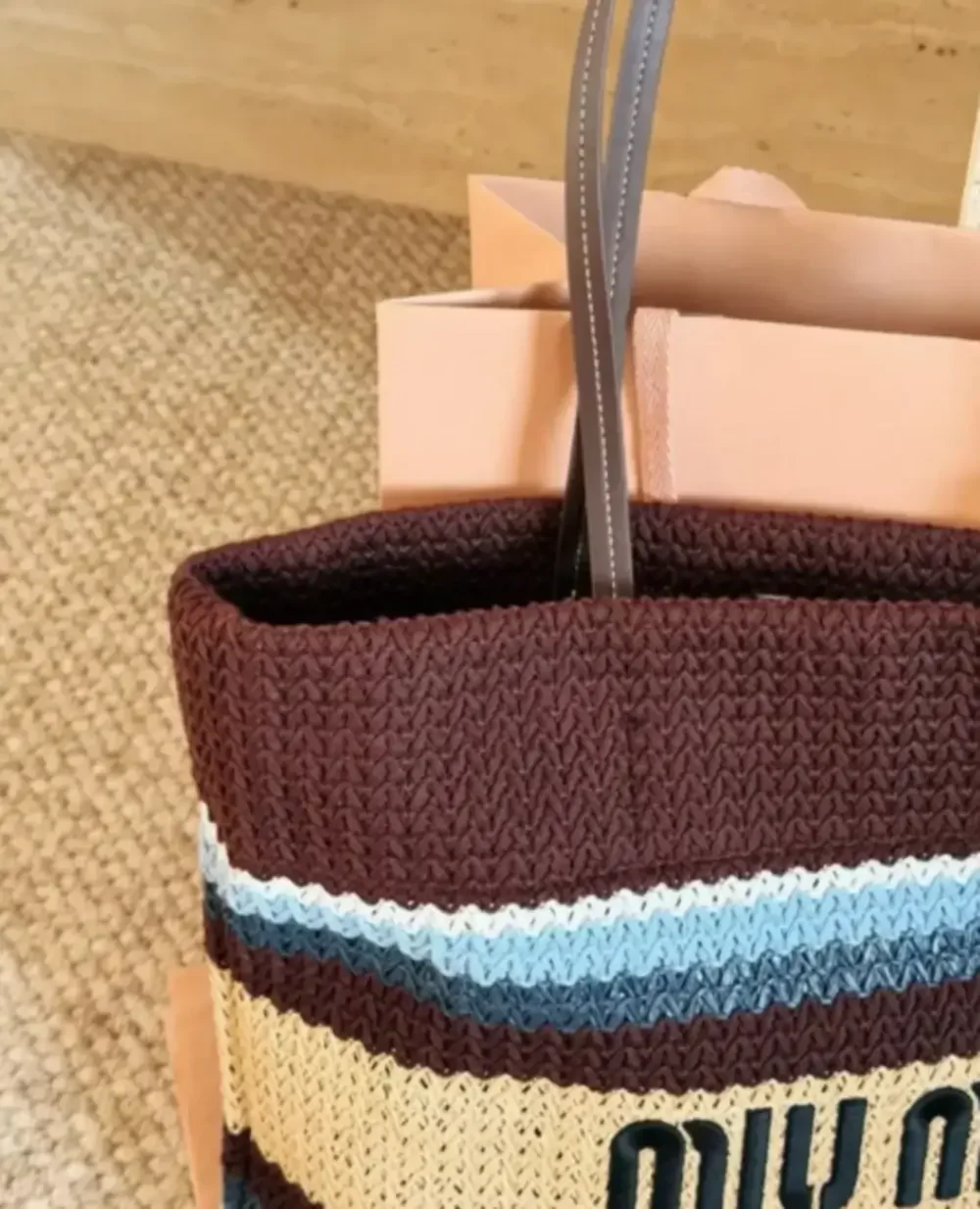 Miu Miu Brown Crochet Stripe Tote Bag